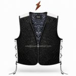 NGL Genuine Leather Biker Vest front view with black crocodile panels, white shoulders, front zipper and red paisley lining