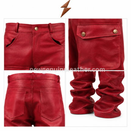 NGL Genuine Leather Cargo Pants in crimson red with buttoned thigh pockets and stacked legs