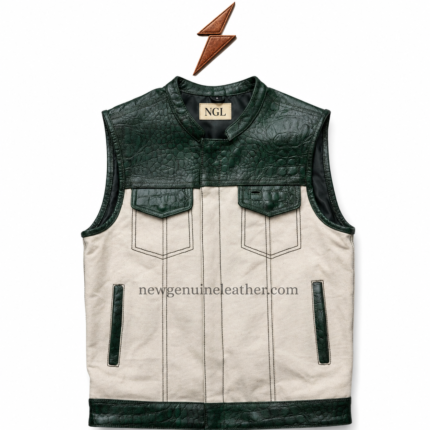 NEW GENUINE LEATHER Genuine Leather Vest back view with cream panel and dark green embossed yoke
