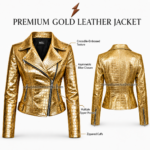 NGL leather jacket manufacturers close-up of gold crocodile lapels, silver snaps, black inner collar and NGL label