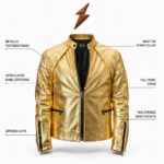 NGL gold leather jacket front view with metallic finish, shaped panels, black zippers, and branded collar label