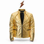 NGL gold leather jacket half-zip view with black lining, metallic panels, zipper pockets, and collar logo