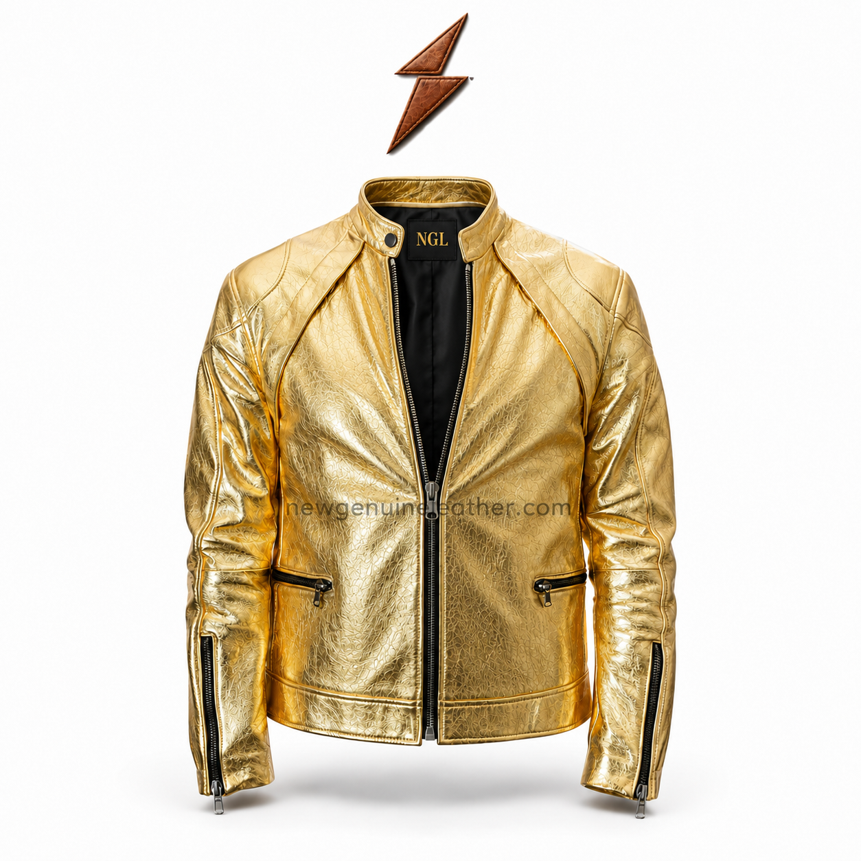 ngl-gold-leather-jacket-half-zip-open NGL gold leather jacket half-zip view with black lining, metallic panels, zipper pockets, and collar logo