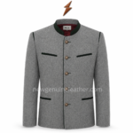 Bayerische Trachtenjacke NGL grey traditional jacket showing embroidered green stand collar and NEW GENUINE LEATHER neck label