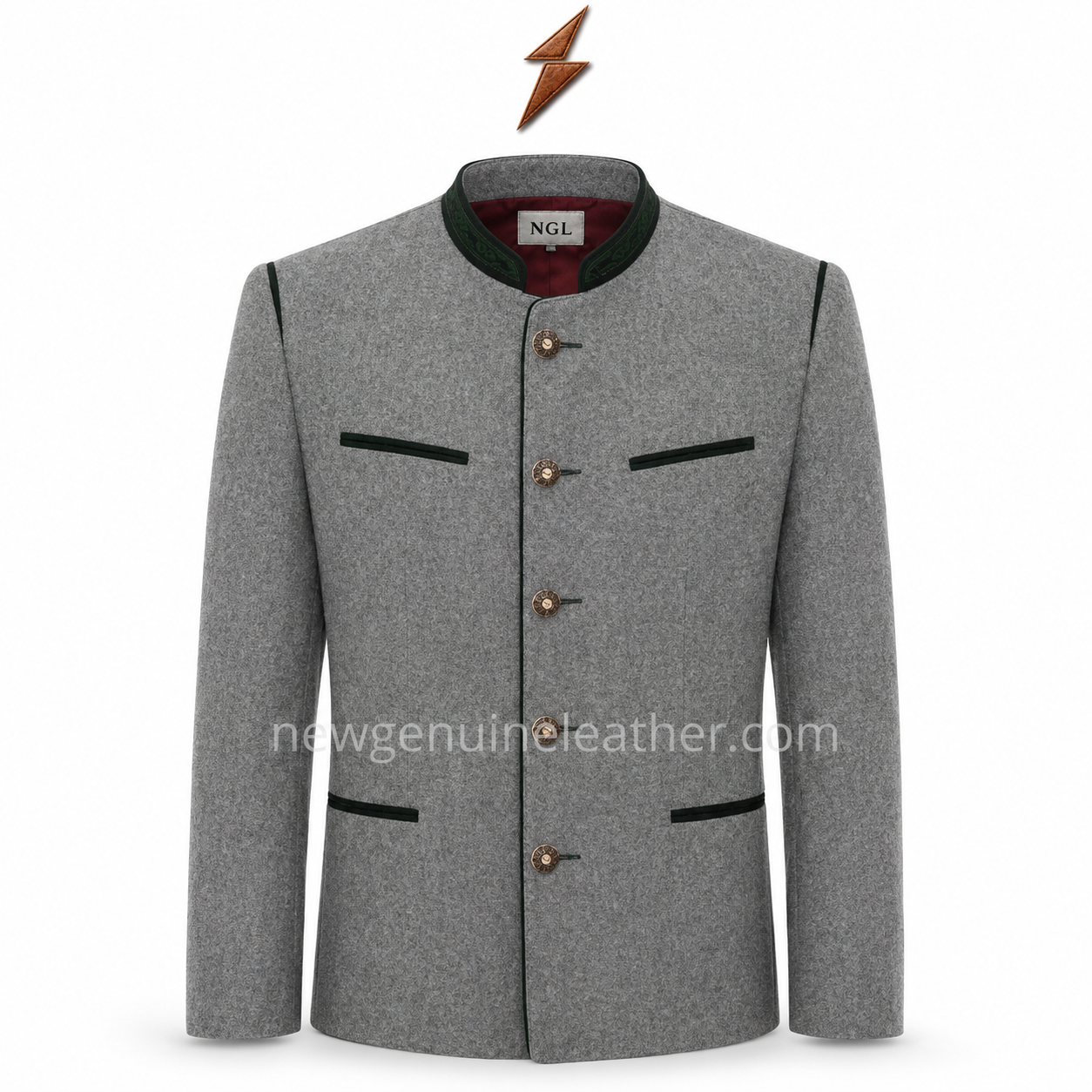 ngl-grey-trachtenjacke-collar-label Bayerische Trachtenjacke NGL grey traditional jacket showing embroidered green stand collar and NEW GENUINE LEATHER neck label
