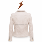 NGL leather moto jacket manufacturer collar close-up with stitched label, ivory notched lapels, gold snaps and reinforced edge stitching