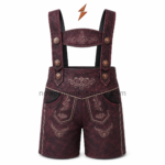 NGL kids lederhosen showing distressed burgundy leather, shaped panels and contrast seams