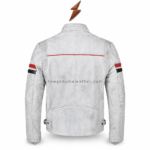New Genuine Leather leather biker jackets back view with distressed charcoal panels and contrasting sleeve stripes