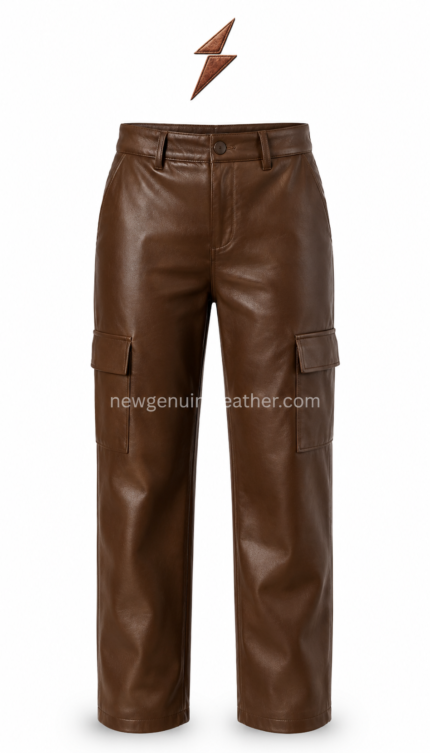 NGL brown Leather Cargo Pants front view with utility pockets