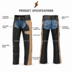 NGL leather chaps waist close-up with blue denim panel, black belt, silver buckle, tan leather and braided trim