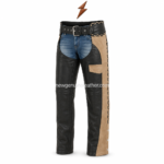 NGL leather chaps front view with black panels, tan contrast sections, blue denim waist, braided trim and buckle belt