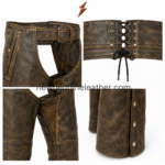 NGL leather chaps Wholesale front view in distressed brown with buckle belt, zip pocket, ribbed insert and stitched panels