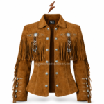 NGL Leather Fringe Jacket in cognac brown with concho buttons, beaded chest details and long Western fringe