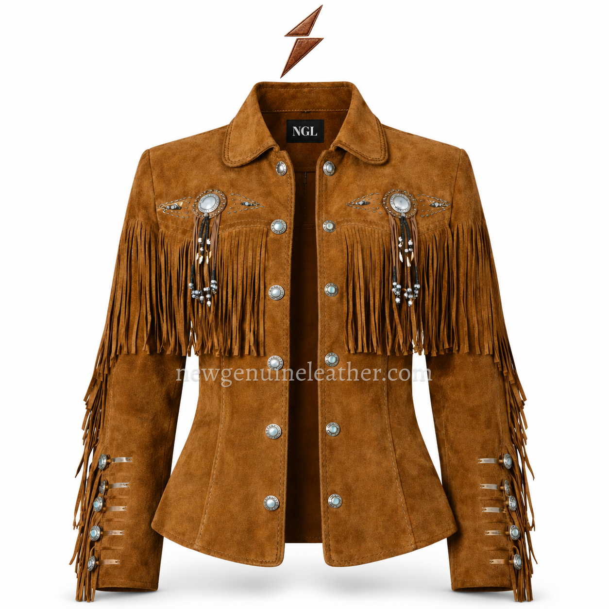 ngl-leather-fringe-jacket-cognac-front NGL Leather Fringe Jacket in cognac brown with concho buttons, beaded chest details and long Western fringe