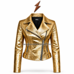 NGL leather jacket manufacturers metallic gold biker jacket front with crocodile panels, silver zippers and branded collar label