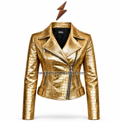 NGL leather jacket manufacturers metallic gold biker jacket front with crocodile panels, silver zippers and branded collar label