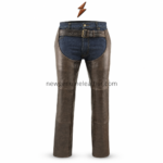 NEW GENUINE LEATHER Leather Motorcycle Chaps rear view with blue denim pockets, brown panels, brass studs and lace-up waist