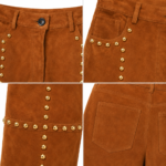 NGL leather pants for men in cognac brown with gold studded front pockets and knee panels