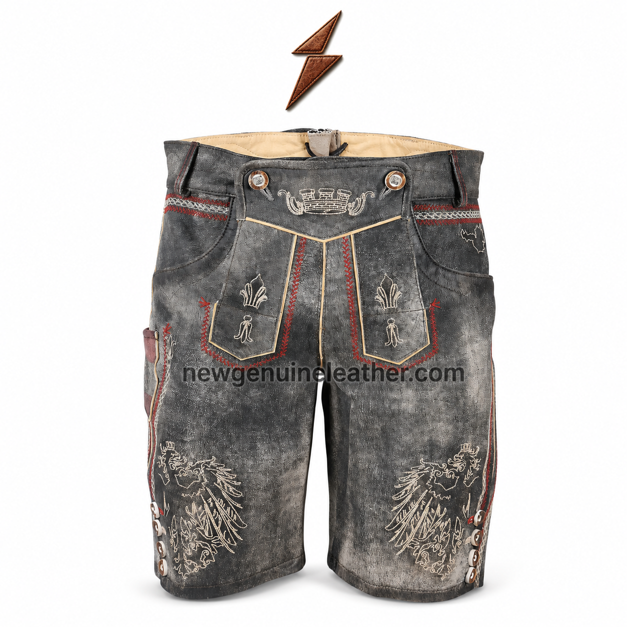 ngl-leather-trousers-shop-grey-front-view NGL leather trousers shop distressed grey knee-length trousers with cream eagle embroidery