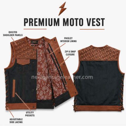 Leather Vest for Men in black and cognac brown with quilted shoulder panels by NGL