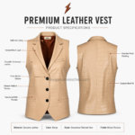 NGL Leather Waistcoat specification image showing beige leather textures pockets buttons and stitching by NEW GENUINE LEATHER