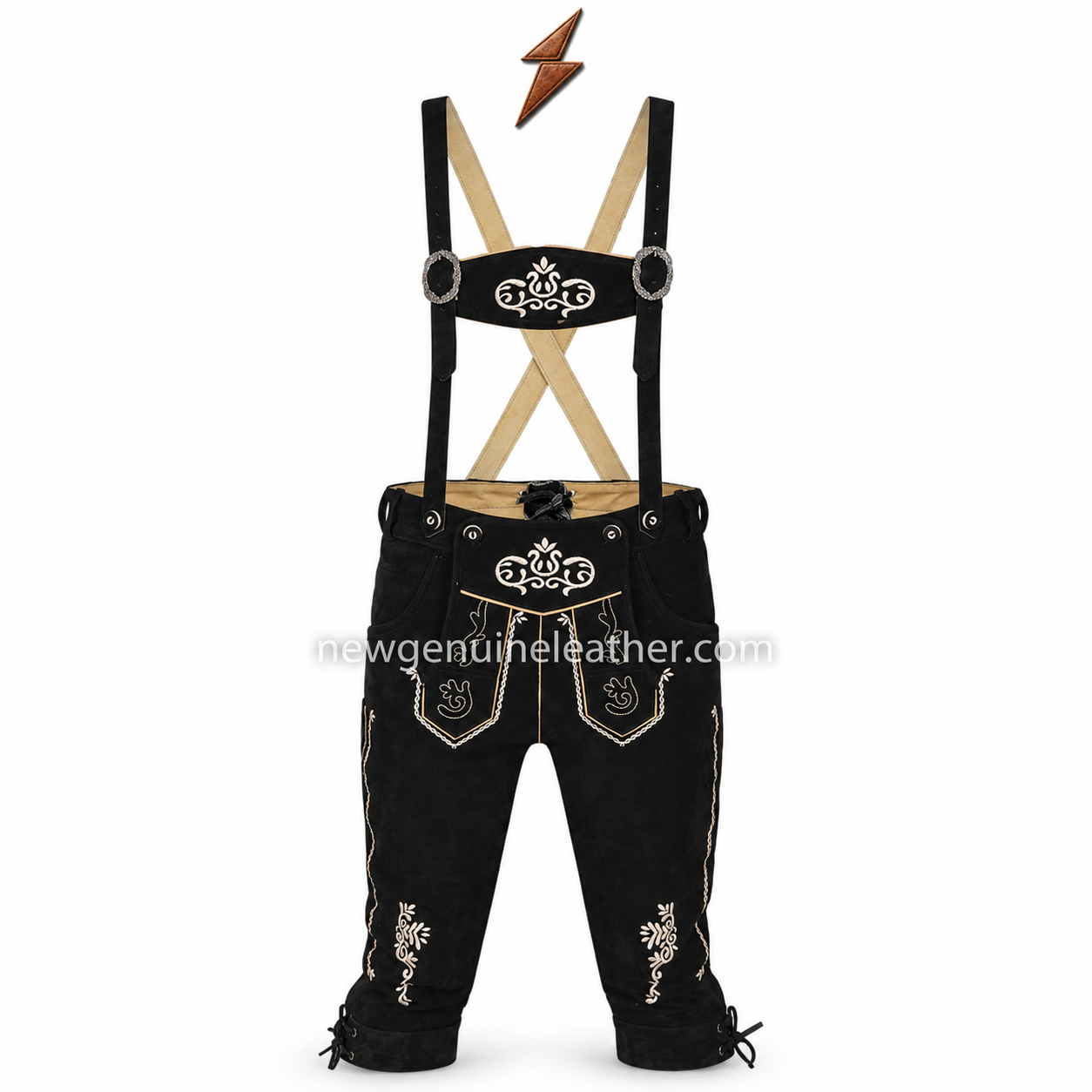 ngl-lederhosen-germany-black-front-view NGL Lederhosen Germany black front view with cream deer embroidery and suspenders
