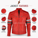 New Genuine Leather red lightweight jacket back view with black shoulder piping and fitted panel design