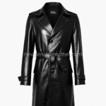 NEW GENUINE LEATHER long black coat back view with shoulder panels, rear seams and belt