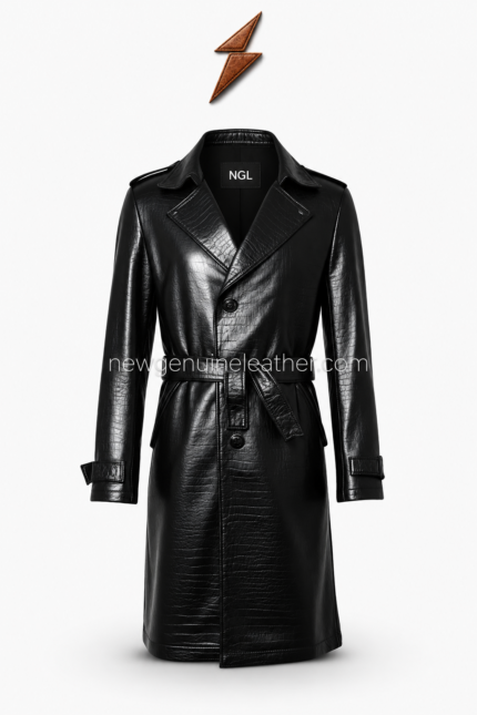 NEW GENUINE LEATHER long black coat back view with shoulder panels, rear seams and belt