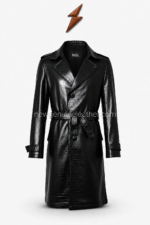 NEW GENUINE LEATHER long black coat belt close-up with pocket, stitching and embossed grain