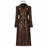 NGL Long Leather Coat in dark brown with gold buttons and a belted front