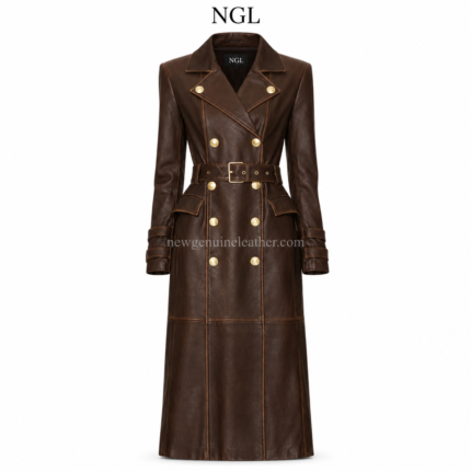 NGL Long Leather Coat in dark brown with gold buttons and a belted front