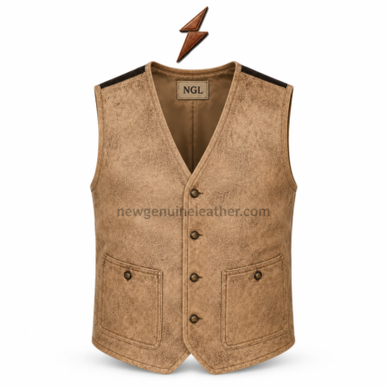 NEW GENUINE LEATHER Men’s Brown Leather Vest back view with dark shoulder accents, rear yoke, center seam, and pointed hem