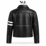 New Genuine Leather black casual jacket back view with white double sleeve stripes and stitched yoke panel