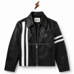 Men’s Casual Leather Jacket NGL black men’s casual jacket shown half zipped with white racing stripes and visible collar label
