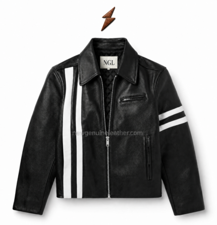 Men’s Casual Leather Jacket NGL black men’s casual jacket shown half zipped with white racing stripes and visible collar label