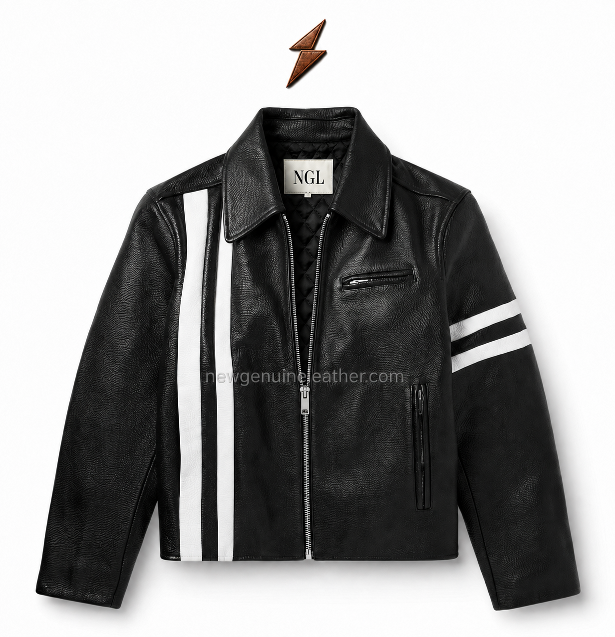 ngl-mens-casual-leather-jacket-half-zip-open Men’s Casual Leather Jacket NGL black men’s casual jacket shown half zipped with white racing stripes and visible collar label