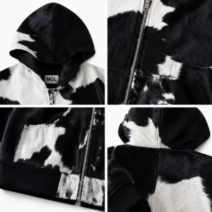 NGL black-and-white hair-on cowhide hooded jacket front view with silver zipper, patch pockets, ribbed hem, and neckline logo