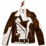 NEW GENUINE LEATHER cowhide biker jacket with brown-and-white hair-on panels, waist belt, buckle, and eyelets
