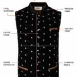 NGL men’s Oktoberfest vest in black floral fabric with brown piping and seven dark buttons