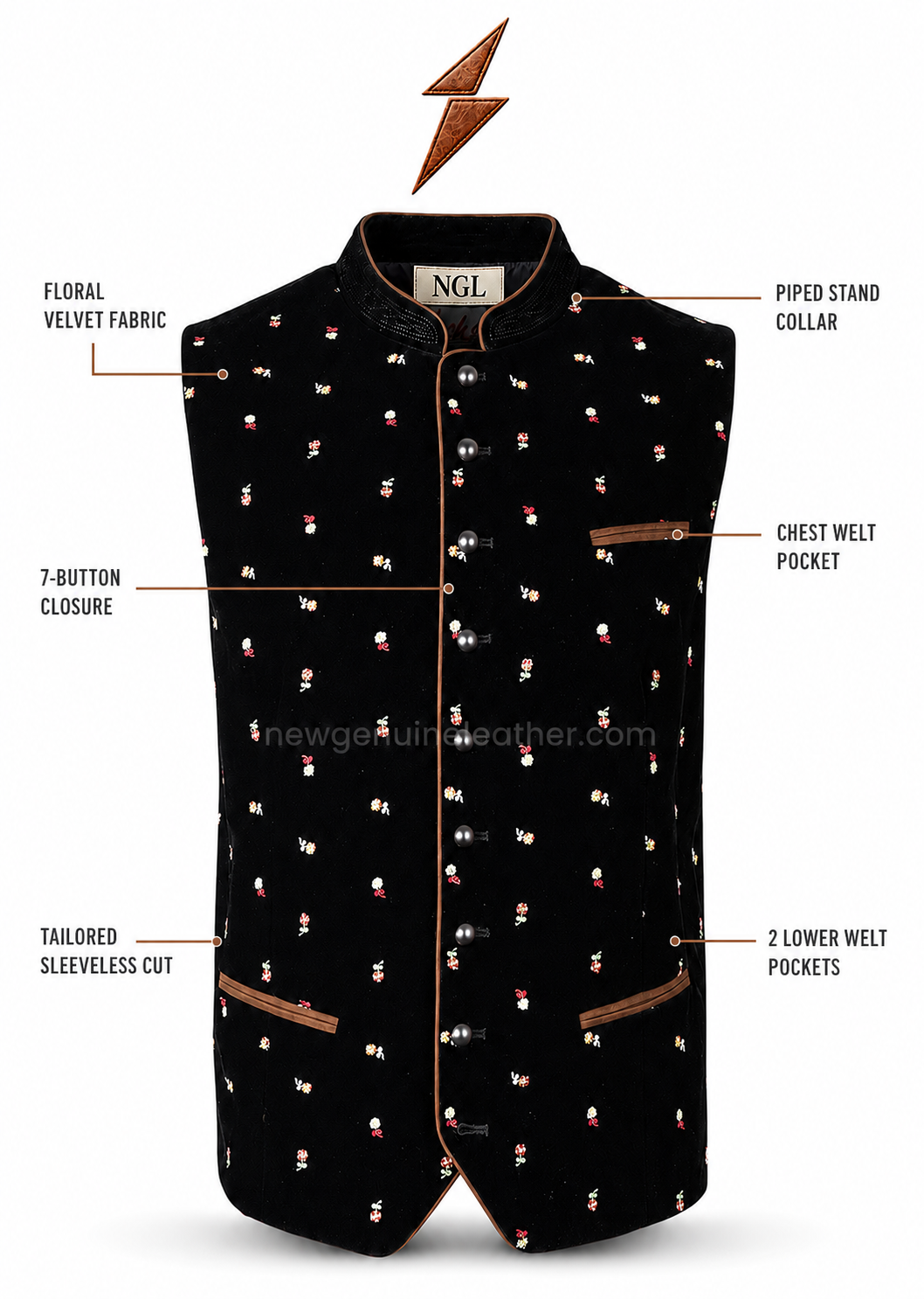 ngl-mens-oktoberfest-vest-black-front NGL men’s Oktoberfest vest in black floral fabric with brown piping and seven dark buttons