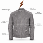 NGL men’s suede biker jacket half zip open with grey suede exterior, dark lining, branded collar label, and NEW GENUINE LEATHER emblem