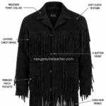 NGL Men’s Suede Fringe Jacket by New Genuine Leather with a pointed black collar, inner label and four-button closure