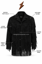 NGL Men’s Suede Fringe Jacket by New Genuine Leather with a pointed black collar, inner label and four-button closure