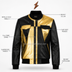 NGL Metallic Biker Jackets front view with asymmetrical black and gold panels, four pockets, and collar logo