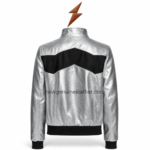 NGL metallic bomber jacket in a half-zip-open pose with black lining and silver front panels