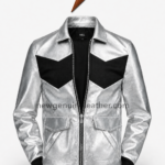 NGL metallic bomber jacket front view with silver body, black chevron panels and two flap pockets