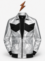 NGL metallic bomber jacket front view with silver body, black chevron panels and two flap pockets