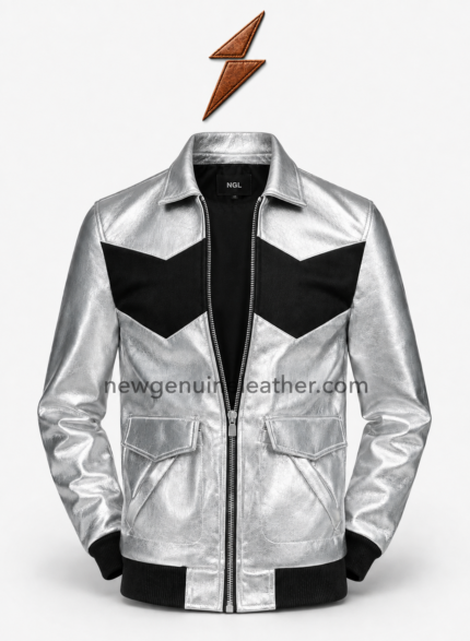 NGL metallic bomber jacket front view with silver body, black chevron panels and two flap pockets