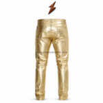 NGL metallic leather pants showing a black button, belt loops, coin pocket, and front fly stitching